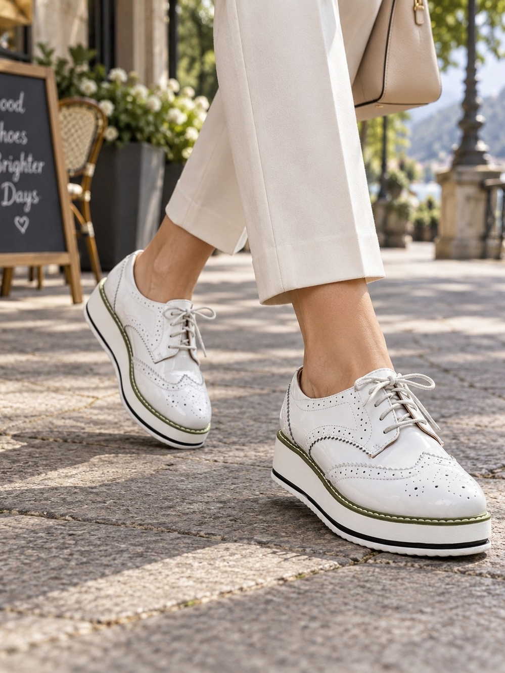 DADAWEN Women’s White Patent Wingtip Platform Oxford Shoes Size 9.5 Like New